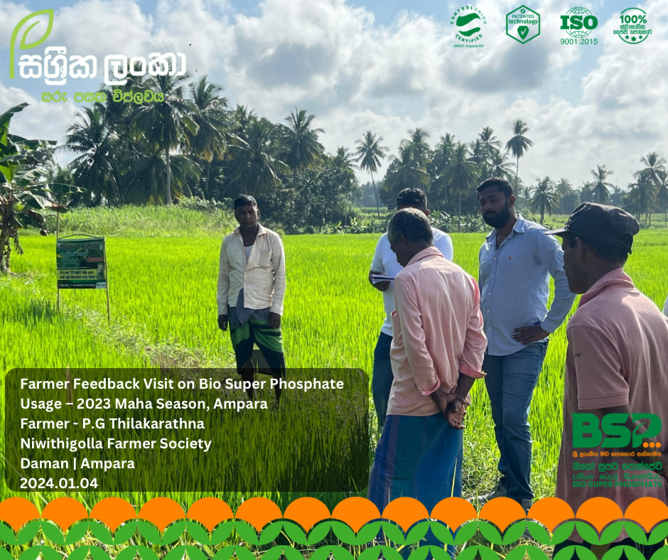 alt="Sassrika Lanka team with farmer P G Thilakarathna in Damana Ampara evaluating Bio Super Phosphate BSP performance soil health and crop results during Maha 2023 season in Sri Lanka"